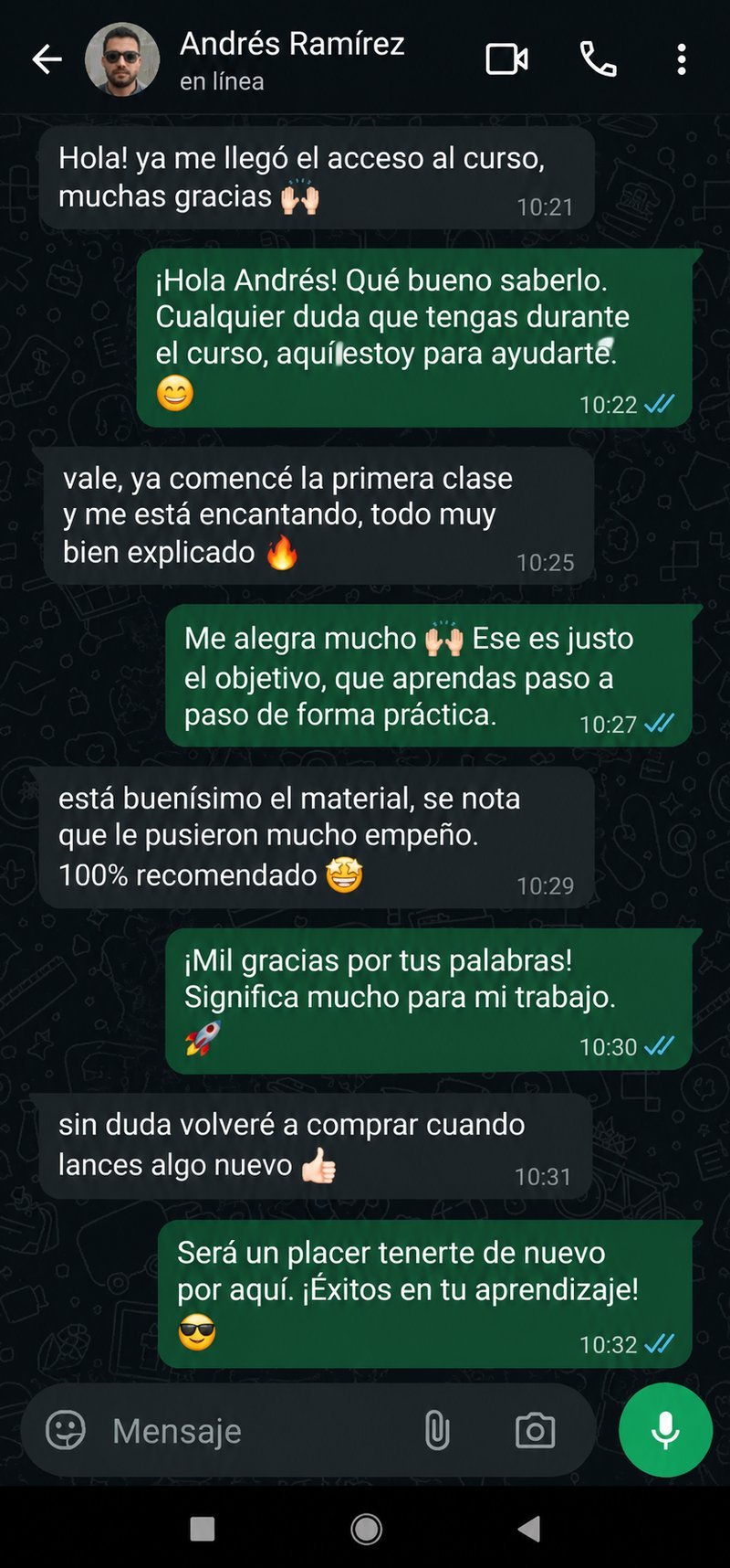 Opinión de un cliente por WhatsApp